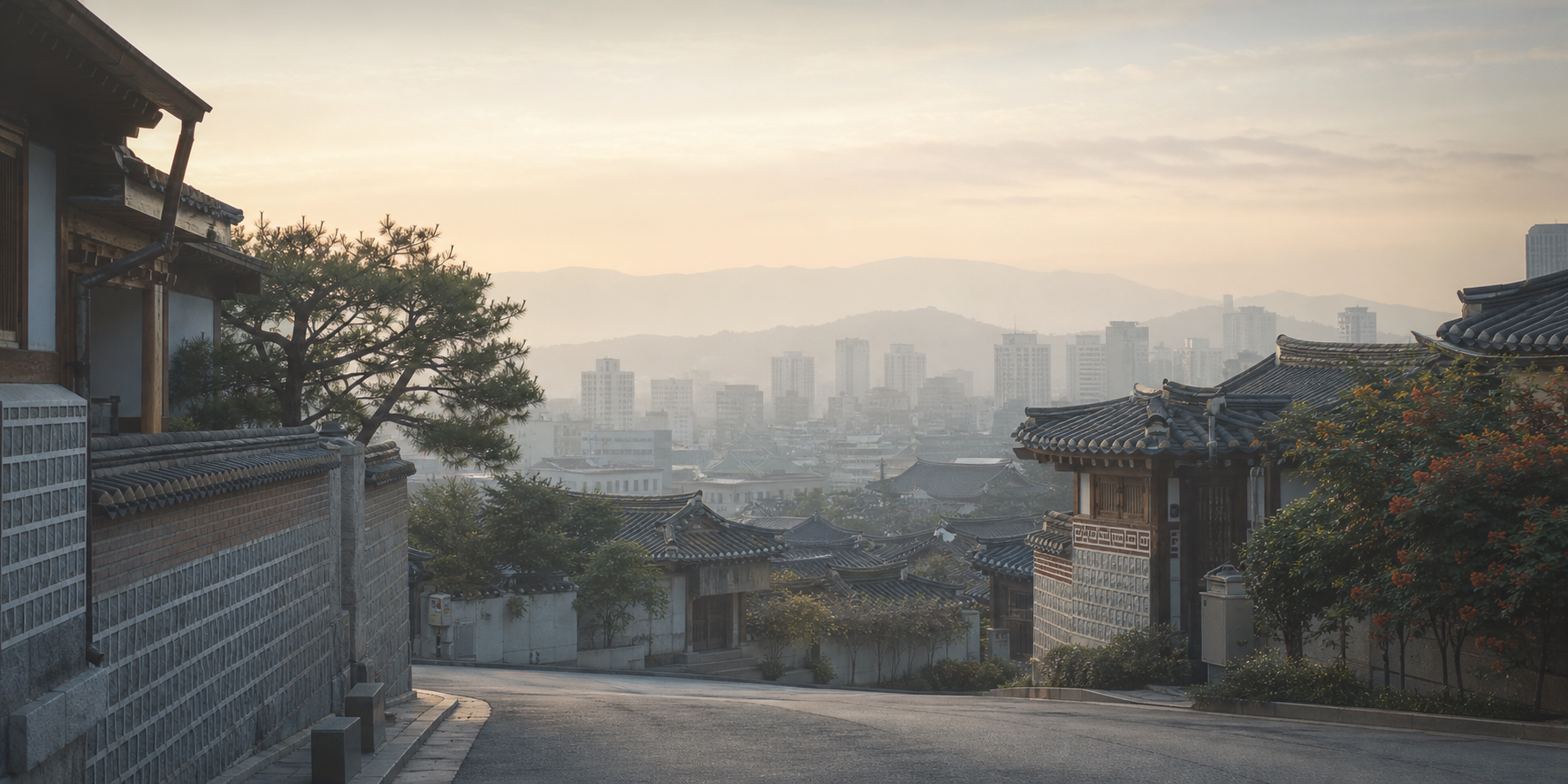 Illustrative dawn view of a Korean hanok neighborhood and city skyline