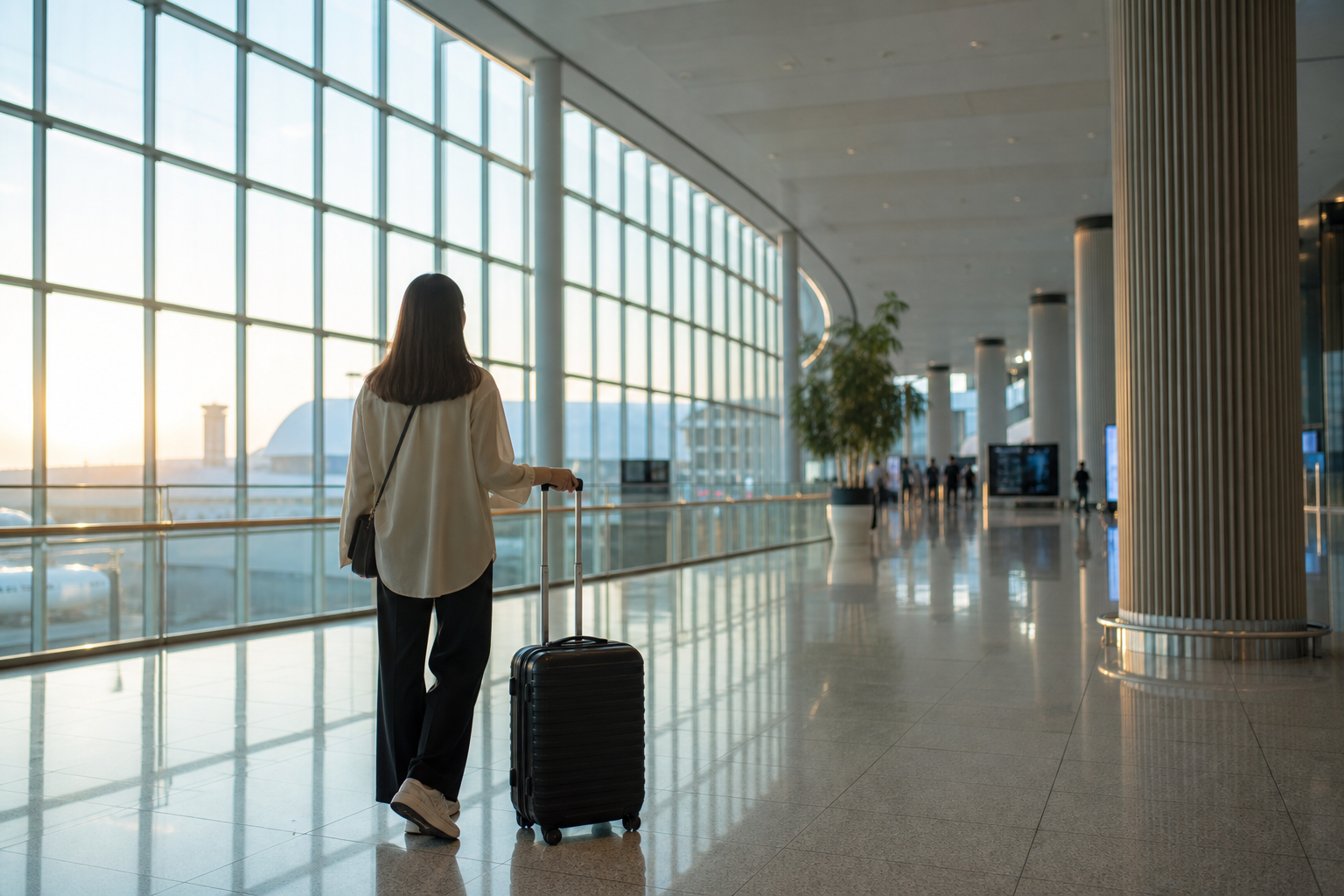 Traveller with a suitcase walking through a bright modern airport terminal